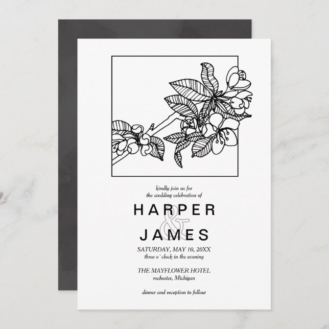 Modern spring cherry blossom in frame wedding invitation (Front/Back)