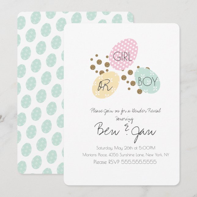 Modern Spring Eggs Gender Reveal Boy or Girl Invitation (Front/Back)
