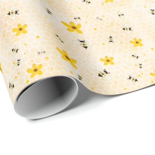 Modern Spring Floral Bees Pattern Wrapping Paper