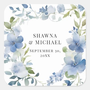 Modern Spring Floral Blue White Watercolor Wedding Square Sticker by ModernStylePaperie at Zazzle