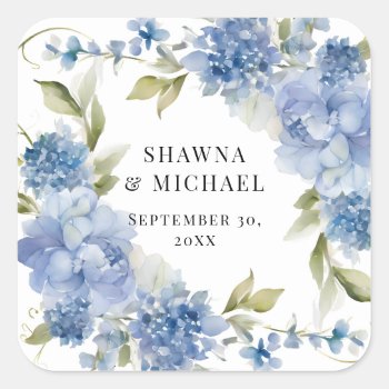 Modern Spring Floral Blue White Watercolor Wedding Square Sticker by ModernStylePaperie at Zazzle