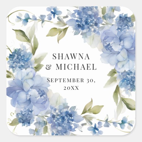 Modern Spring Floral Blue White Watercolor Wedding Square Sticker