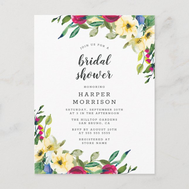 Modern Spring Floral Bridal Shower Invitation Postcard (Front)