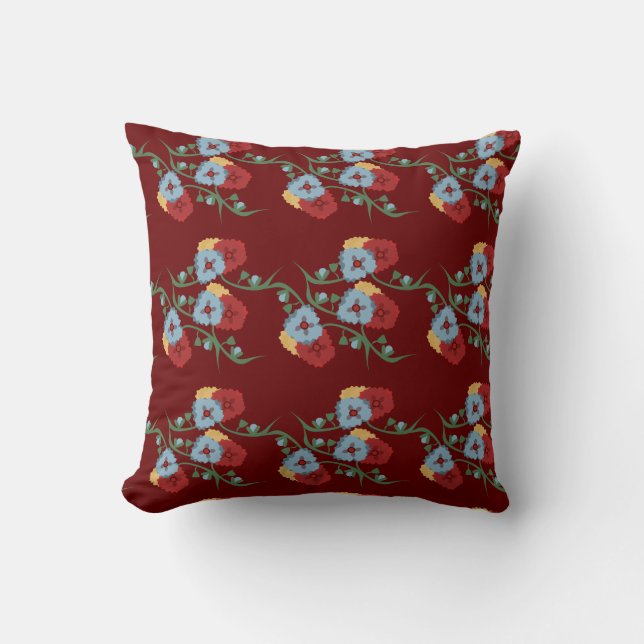 Modern Spring Floral Greenery Flowers Burgandy Throw Pillow (Front)