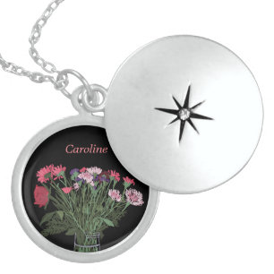 Modern Spring Flower Illustration + Custom Name Locket Necklace