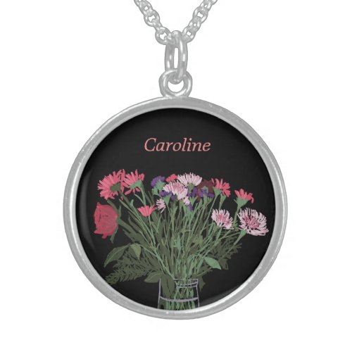 Modern Spring Flower Illustration  Custom Name Sterling Silver Necklace