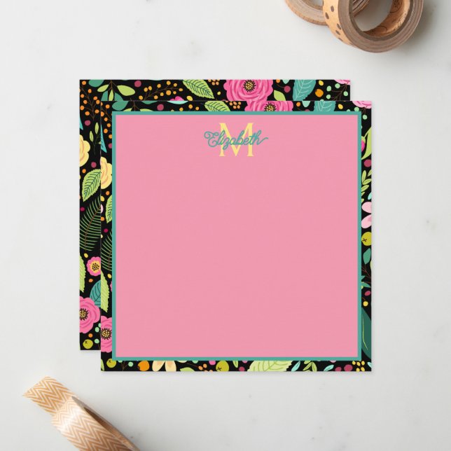 Modern Spring Flowers on Black Monogram Note Card (Front/Back In Situ)