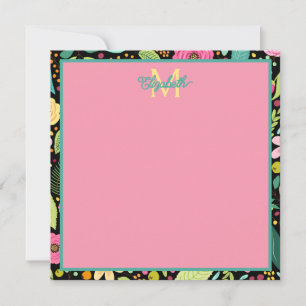 Modern Spring Flowers on Black Monogram Note Card