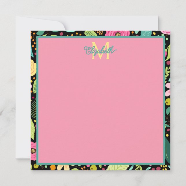 Modern Spring Flowers on Black Monogram Note Card (Front)