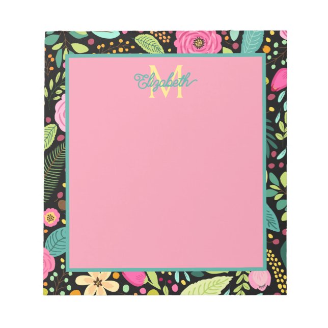 Modern Spring Flowers on Black Monogram Notepad (Front)