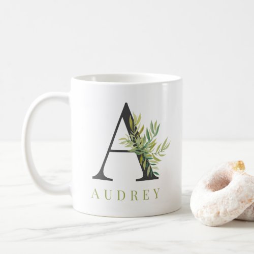 Modern spring foliage greenery leaf girly monogram coffee mug