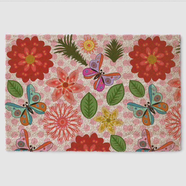 Modern Spring Garden Butterfly Floral  Fiber Doormat (Front)