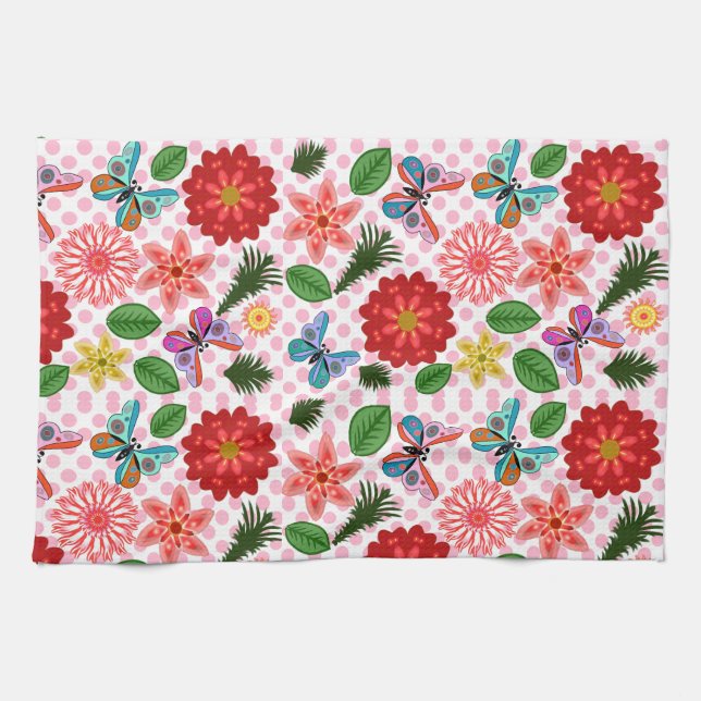 Modern Spring Garden Butterfly Floral  Kitchen Towel (Horizontal)