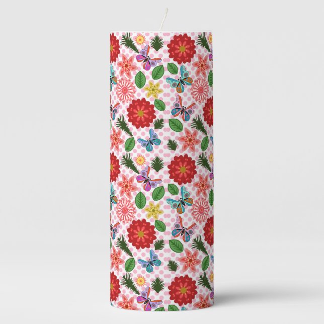 Modern Spring Garden Butterfly Floral  Pillar Candle (Front)