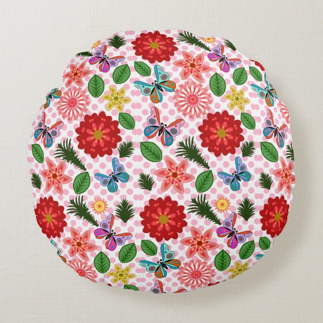 Modern Spring Garden Butterfly Floral  Round Pillow (Front)