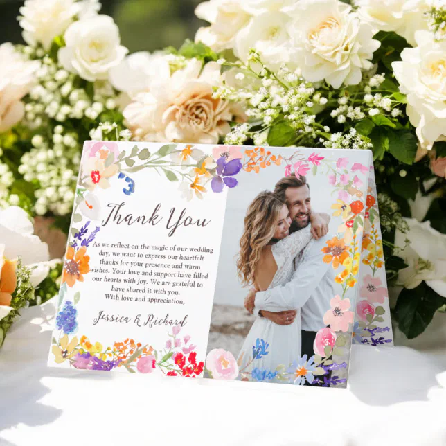 Modern spring garden wildflowers photos wedding thank you card | Zazzle