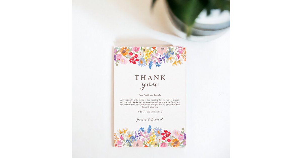 Modern spring garden wildflowers script wedding thank you card | Zazzle