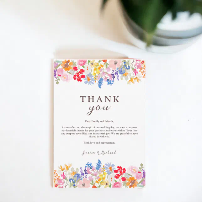 Modern spring garden wildflowers script wedding thank you card | Zazzle