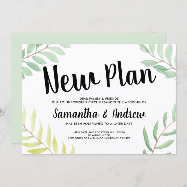 Modern spring greenery watercolor new plan wedding invitation (Front/Back)