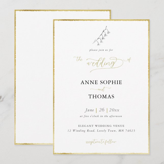Modern Spring Lily of the Valley BW Gold Wedding Invitation (Front/Back)