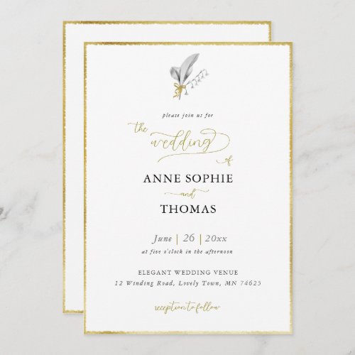 Modern Spring Lily of Valley Gold Bow Wedding Invitation
