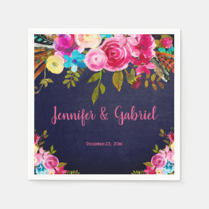 Modern Spring Pink Floral Navy Blue Wedding Napkins