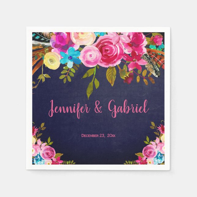 Modern Spring Pink Floral Navy Blue Wedding Napkins (Front)