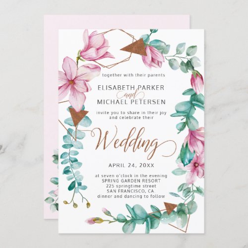 Modern spring pink mint magnolia wreath wedding invitation