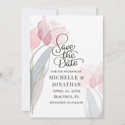 Modern Spring Pink Tulips Wedding Inspirational  Save The Date