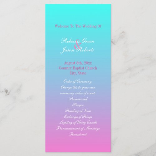 modern spring pink turquoise ombre wedding program