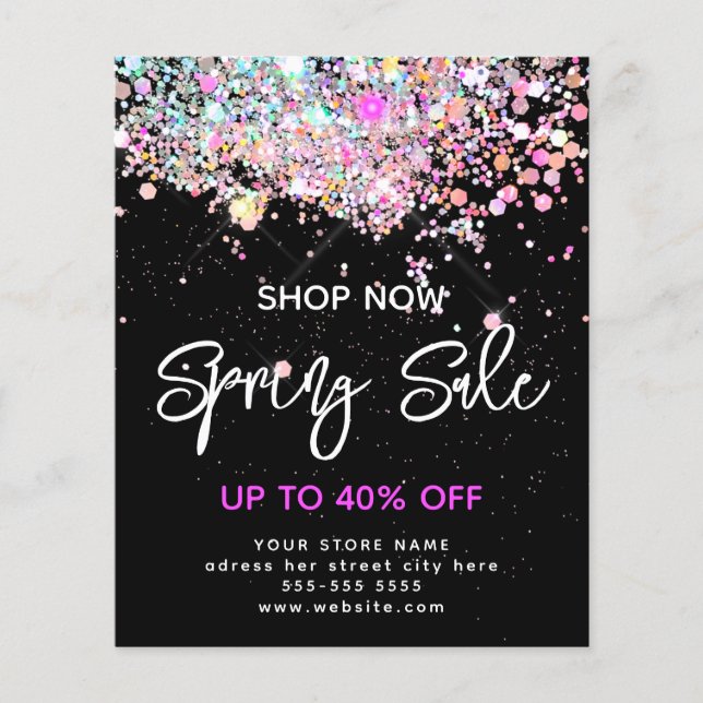 Modern Spring Sale Holographic Glitter Black  Flyer (Front)