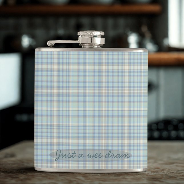 Modern Spring Tartan Blue Plaid Flask (A special clan tartan flask with space for your name)