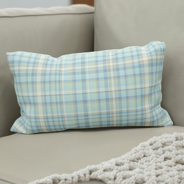 Modern Spring Tartan Figarations Figaro Blue Plaid Lumbar Pillow (Fun spring tartan lumbar pillow for your car or home. )