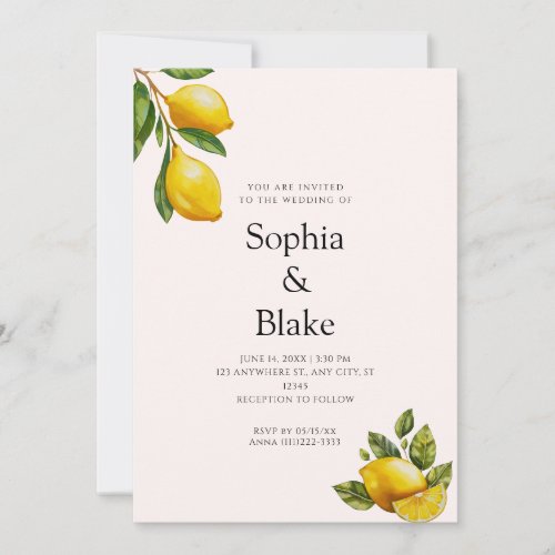 Modern Spring Themed Lemon Citrus Blush Wedding Invitation