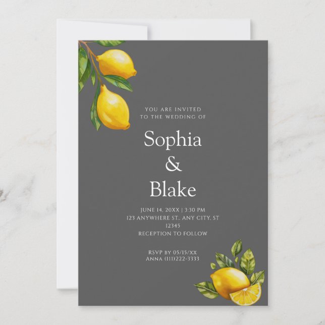Modern Spring Themed Lemon Citrus Gray Wedding Invitation (Front)