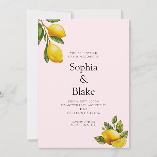 Modern Spring Themed Lemon Citrus Pink Wedding Invitation