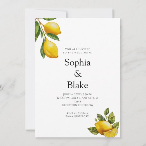 Modern Spring Themed Lemon Citrus White Wedding Invitation