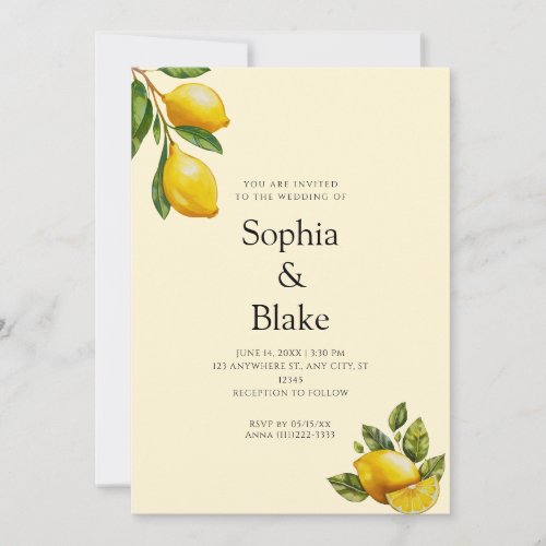 Modern Spring Themed Lemon Citrus Yellow Wedding Invitation