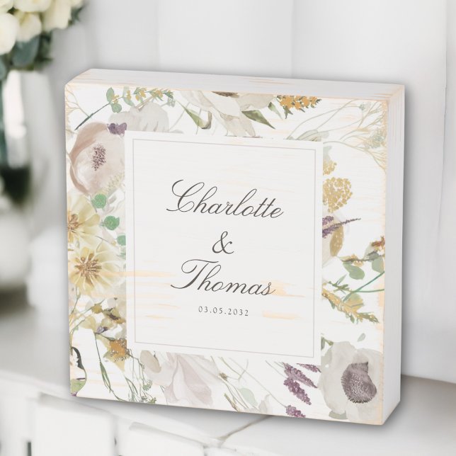  Modern Spring Wedding  Wooden Box Sign (Modern Spring Boho Floral Watercolor Wedding Wooden Box Sign)