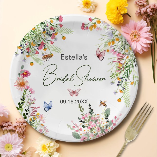 Modern Spring Wild Flowers Script Bridal Shower Paper Plates (Creator Uploaded)