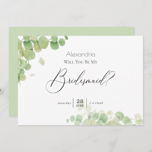 Modern Springtime Eucalyptus Be My Bridesmaid Invitation