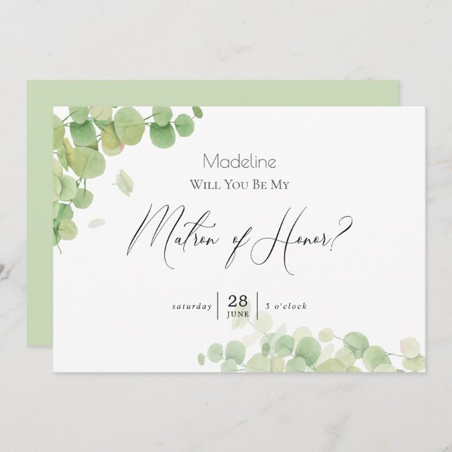 Modern Springtime Eucalyptus Matron of Honor Invitation (Front/Back)