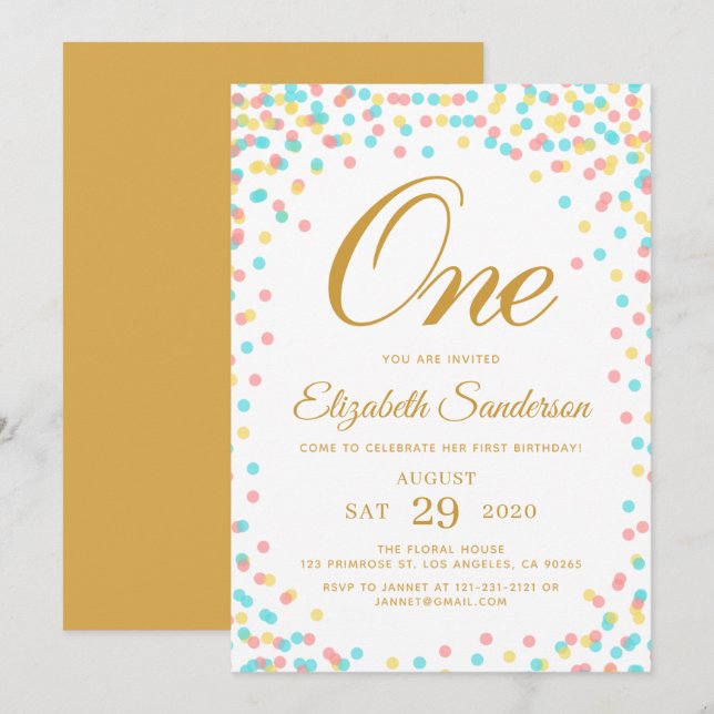 Modern Sprinkle Rainbow Gold Polka Dot Birthday Invitation (Front/Back)