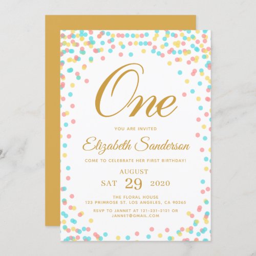 Modern Sprinkle Rainbow Gold Polka Dot Birthday Invitation