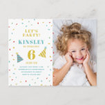 Modern Sprinkles Photo Kids Birthday Invitation Postcard<br><div class="desc">A whimsical kids photo birthday party invitation featuring rainbow sprinkles,  large name and age and party hats. Click the edit button to customize this design.</div>