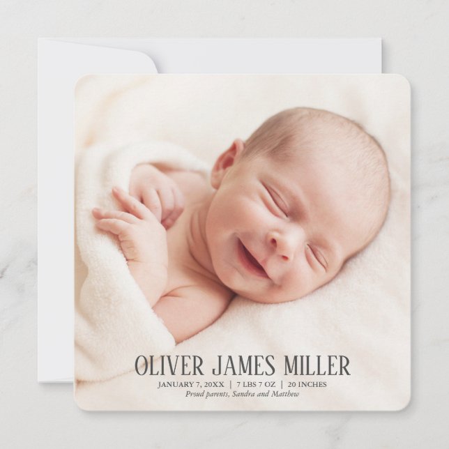 Modern Square Baby Birth Announcement Photo Card (Front)