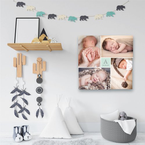 Modern Square Baby Boy Monogram 4 Photo Collage Canvas Print