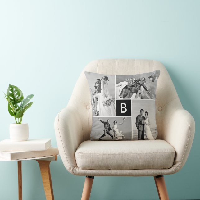 Modern Square Black Grid Monogram 4 Photo Collage Throw Pillow (Chair)