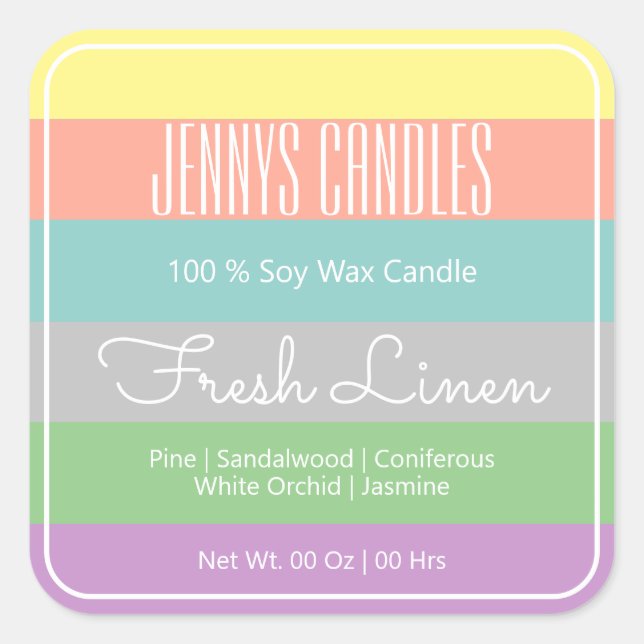 Modern Square Border Pastel Rainbow Stripes Candle Sticker (Front)