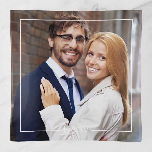 Modern Square Frame Monogrammed Photo Trinket Tray (Front)